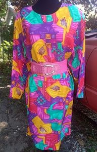 Bright Vintage abstract print dress sz 16